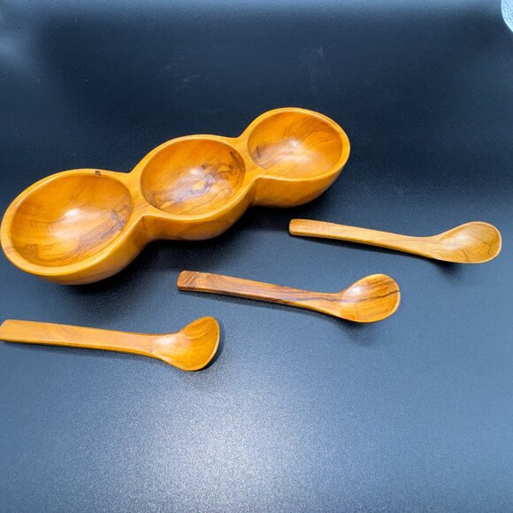 Vintage Wood Condiment, Spices or Nuts Server 3 partitions and Spoons - Picture 2 of 5